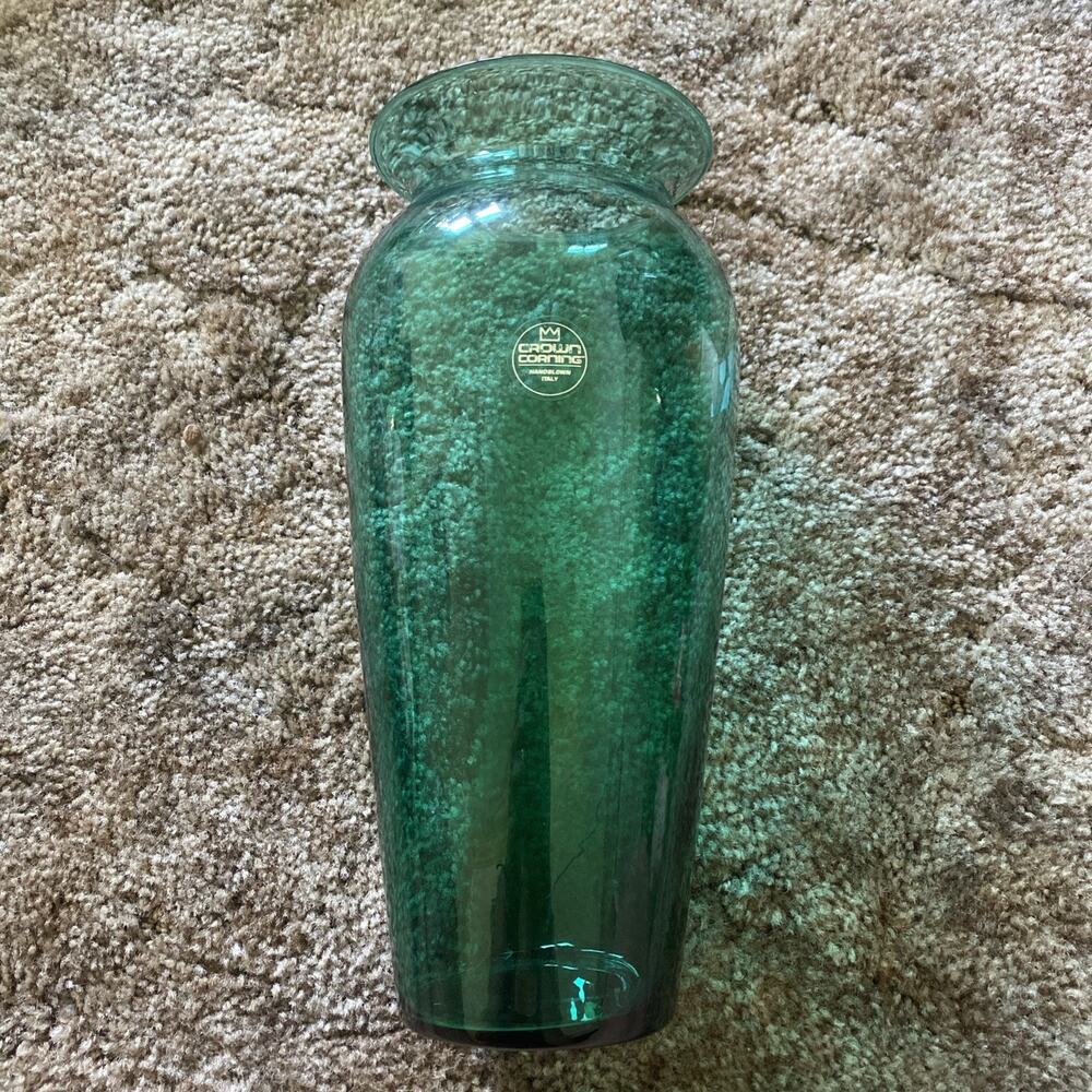 Vintage Crown Corning Italian Turquoise Blue Handblown Glass Tapered Vase 12”